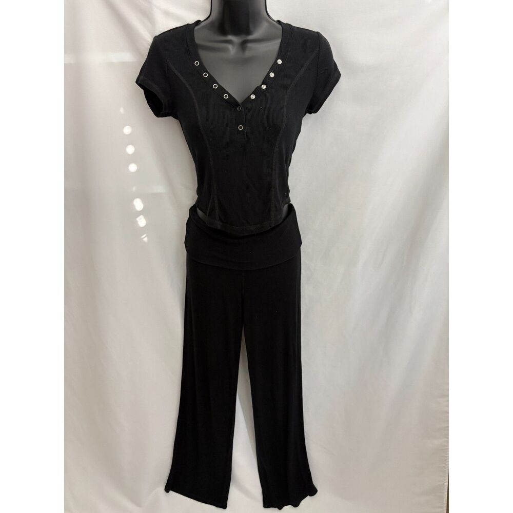 Ultra Flirt Ribbed Two Piece Set Foldover Pants Button Front Top Size S Y2K Sexy